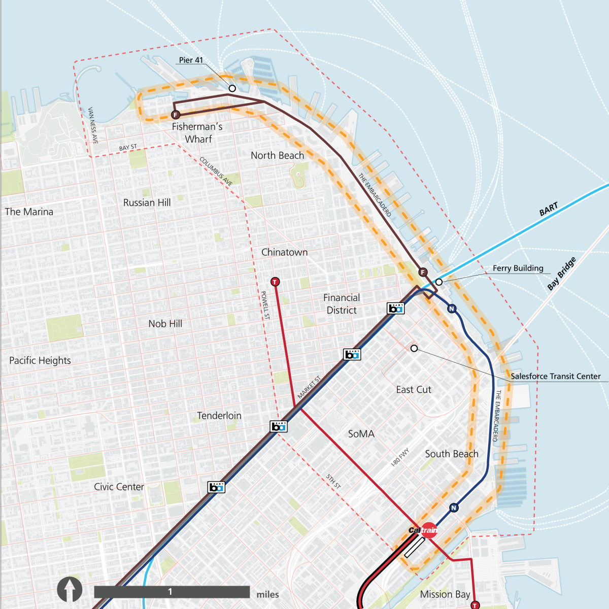 Map of the plan area for the Embarcadero Connectivity Plan. The boundary for the plan area includes the waterfront and is bounded on the western side by Van Ness Avenue, Bay Street, Columbus Avenue, Powell Street, 5th Street, and Mission Creek. There is a focus area highlighted along the Embarcadero corridor from Aquatic Park to Mission Creek. 