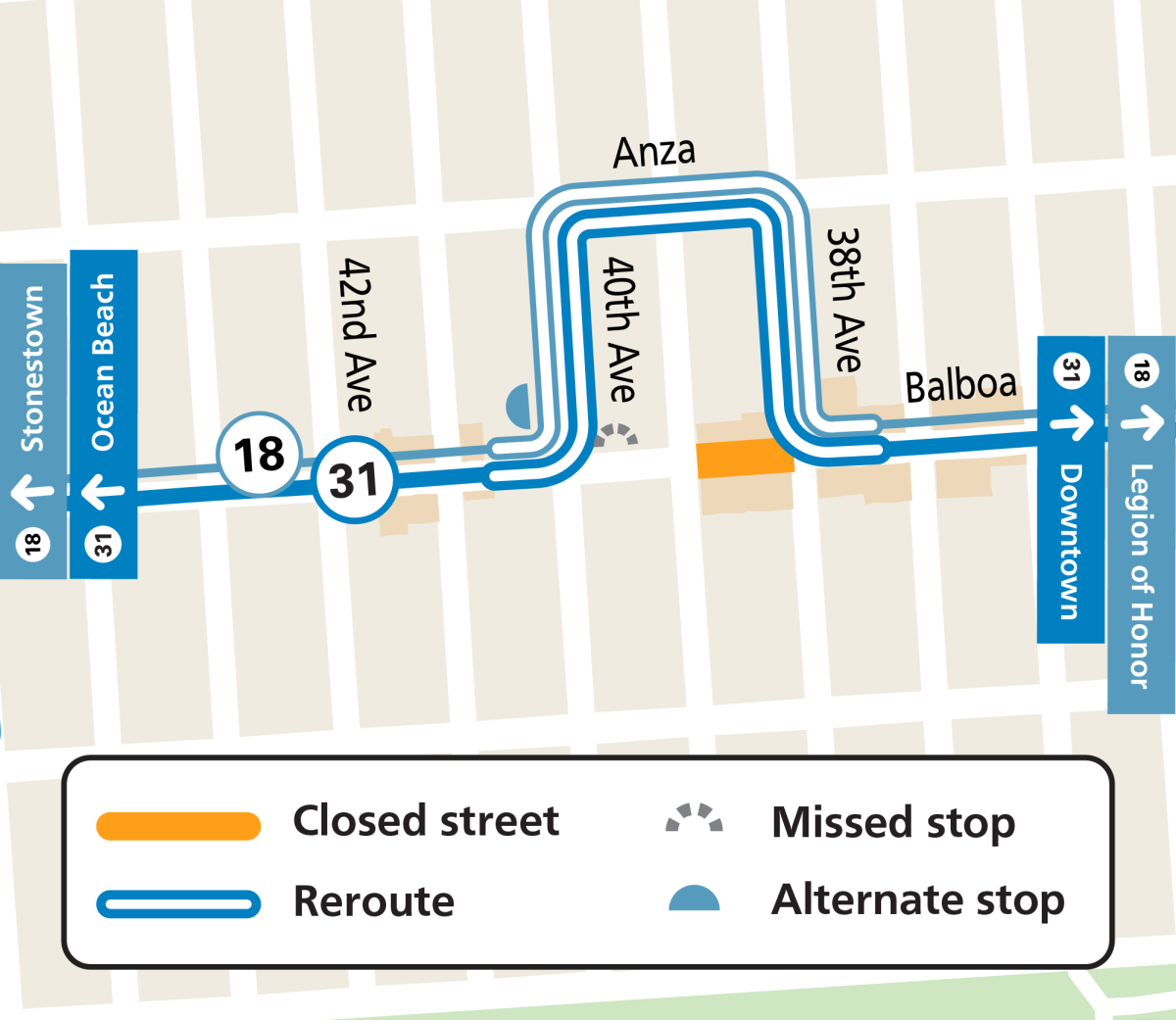 Map showing street closures and Muni service changes for the Gus's 60th Anniversary event on Balboa Street