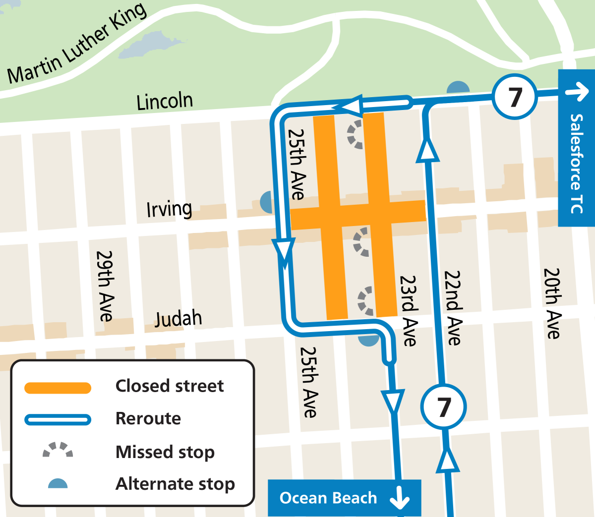 Map showing street closures and Muni service changes during the Halloween Night Bazaar in the Inner Sunset