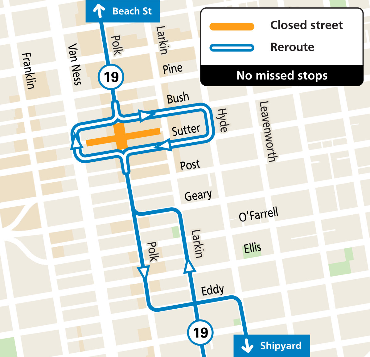 Map showing street closures and Muni service changes during Lower Polk Live