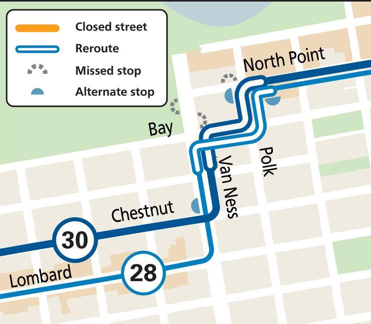 Map showing street closures and Muni reroutes during an SFPUC/SFFD Water Drill event