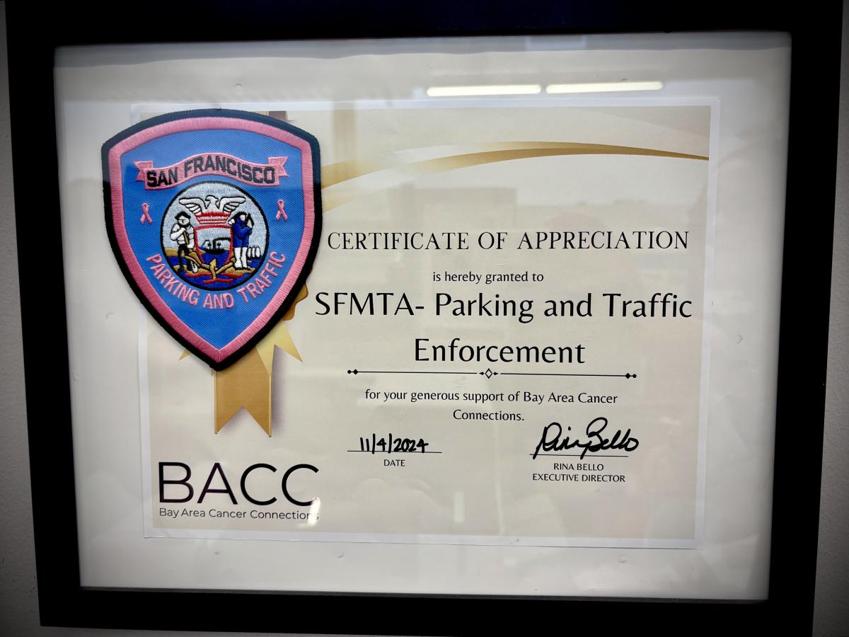 A certificate with writing in a black frame.