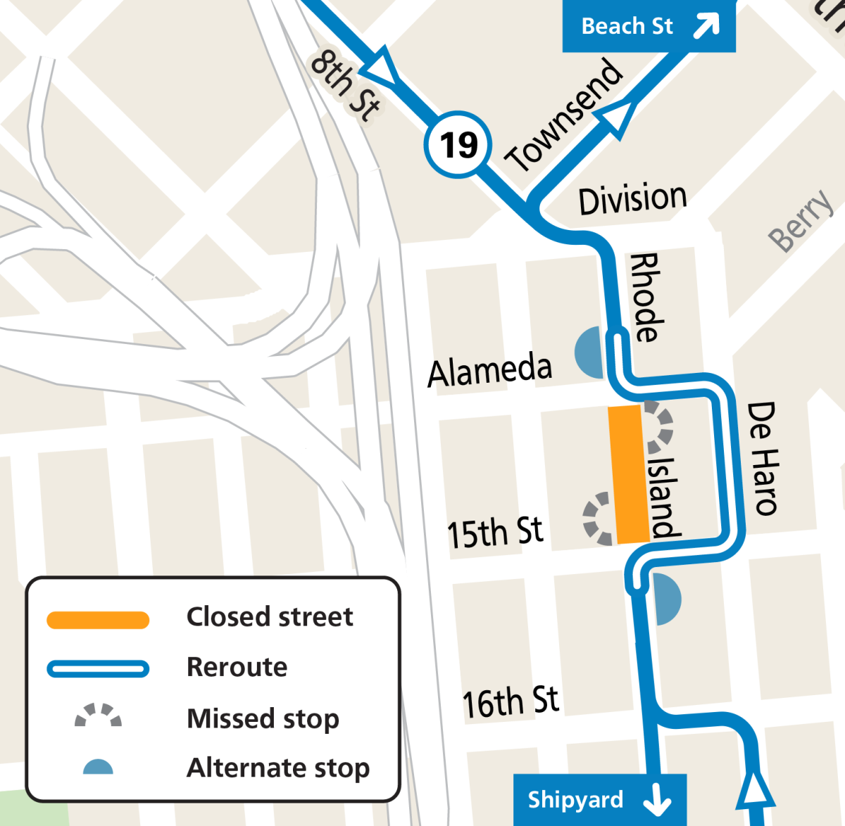 Map showing street closures and Muni reroute of the 19 Polk Route during the Plate by Plate event in SoMa