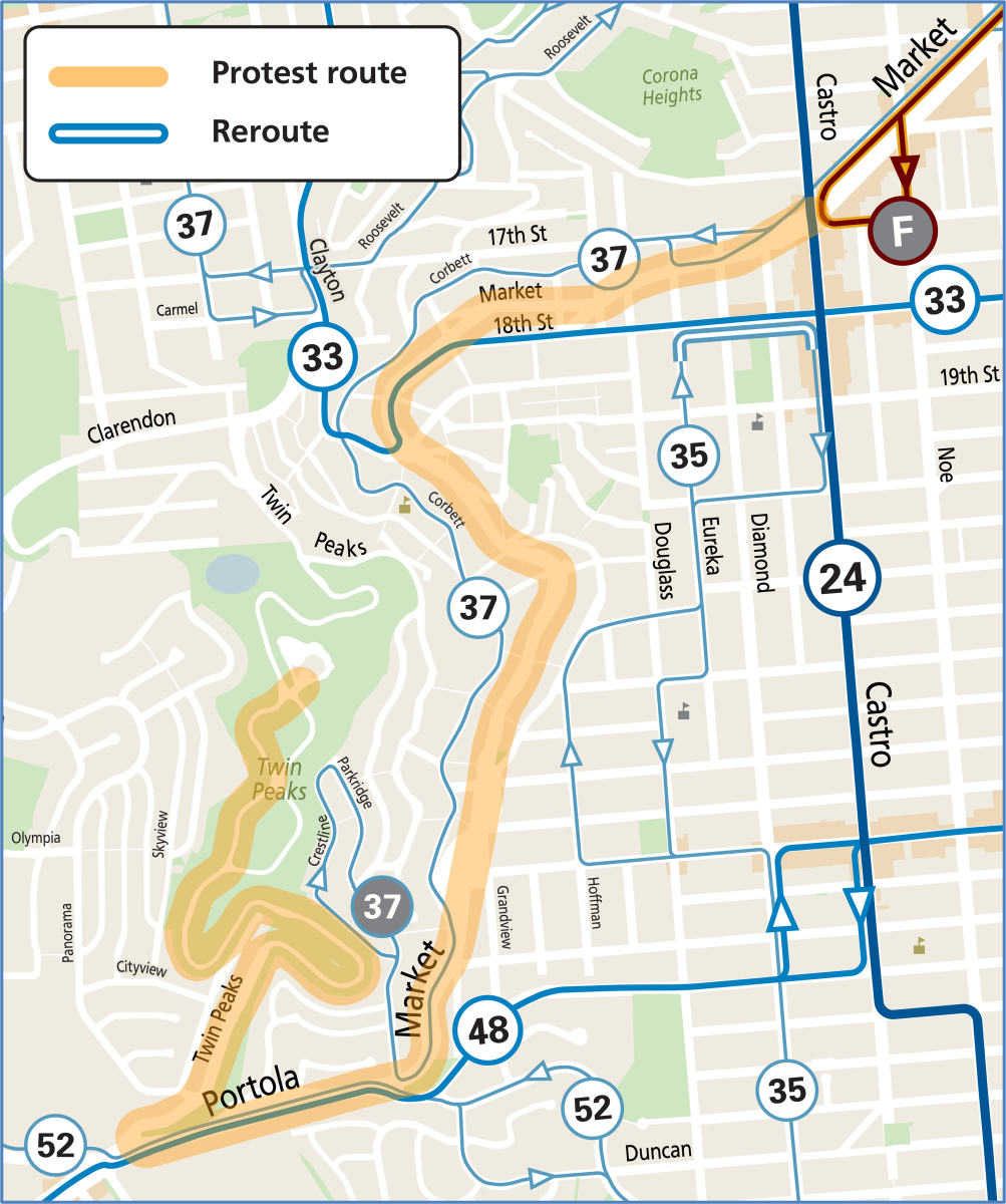 Map showing demonstration/protest route along Portola and Market streets, as well as Muni service changes in the affected areas