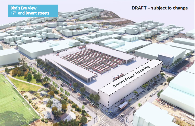 Draft rendering of the Potrero Yard Modernization Project - a bird's eye view from 17th and Bryant streets.