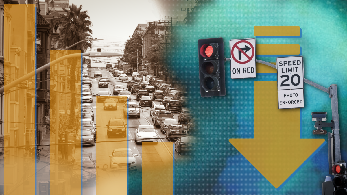 Infographic with a yellow bar chart that has lines moving lower and lower near a down arrow, with cars and speed limit signs in the background.