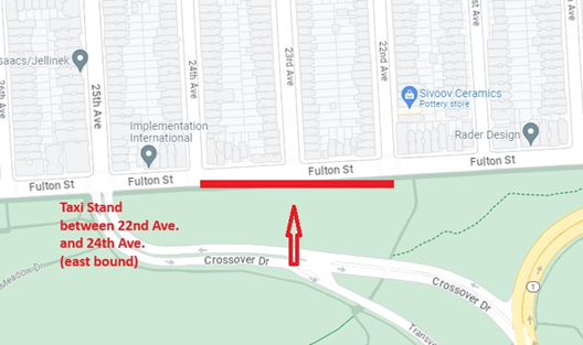 Map of a taxi stand that allow taxis  to service the event on Fulton Street (South Side),  between 22nd Ave. to 24th Ave.  