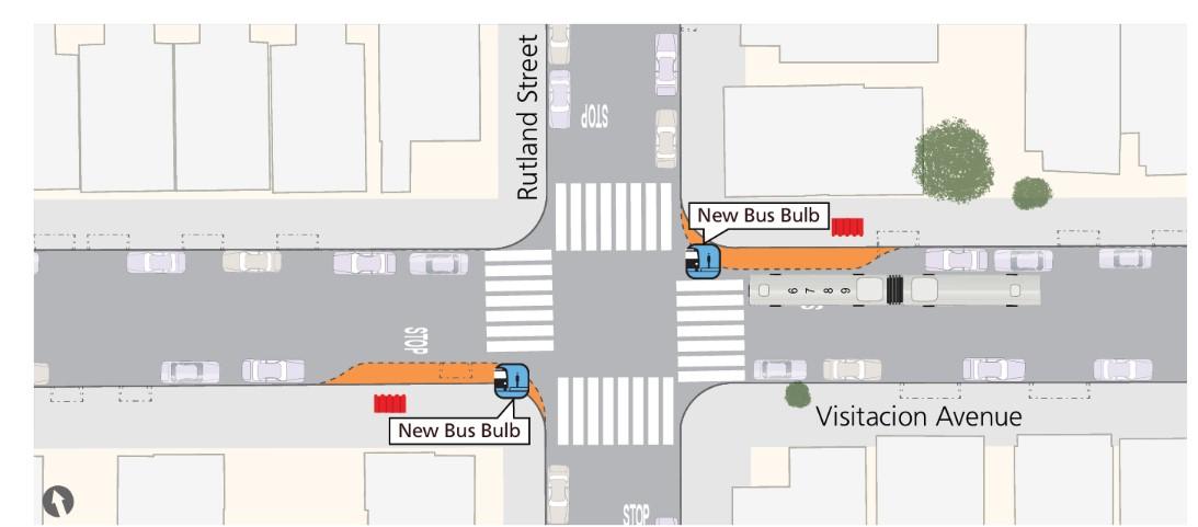 Diagram showing two new bus bulbs by Visitation Avenue and Rutland Street.