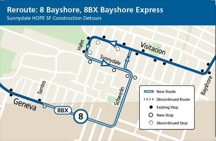 8 and 8BX Construction Reroute Map