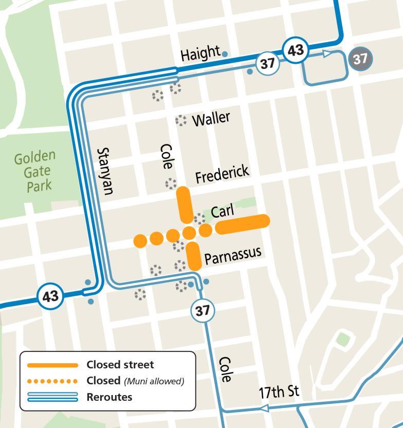 Map of Muni service changes during Cole Valley Nights event
