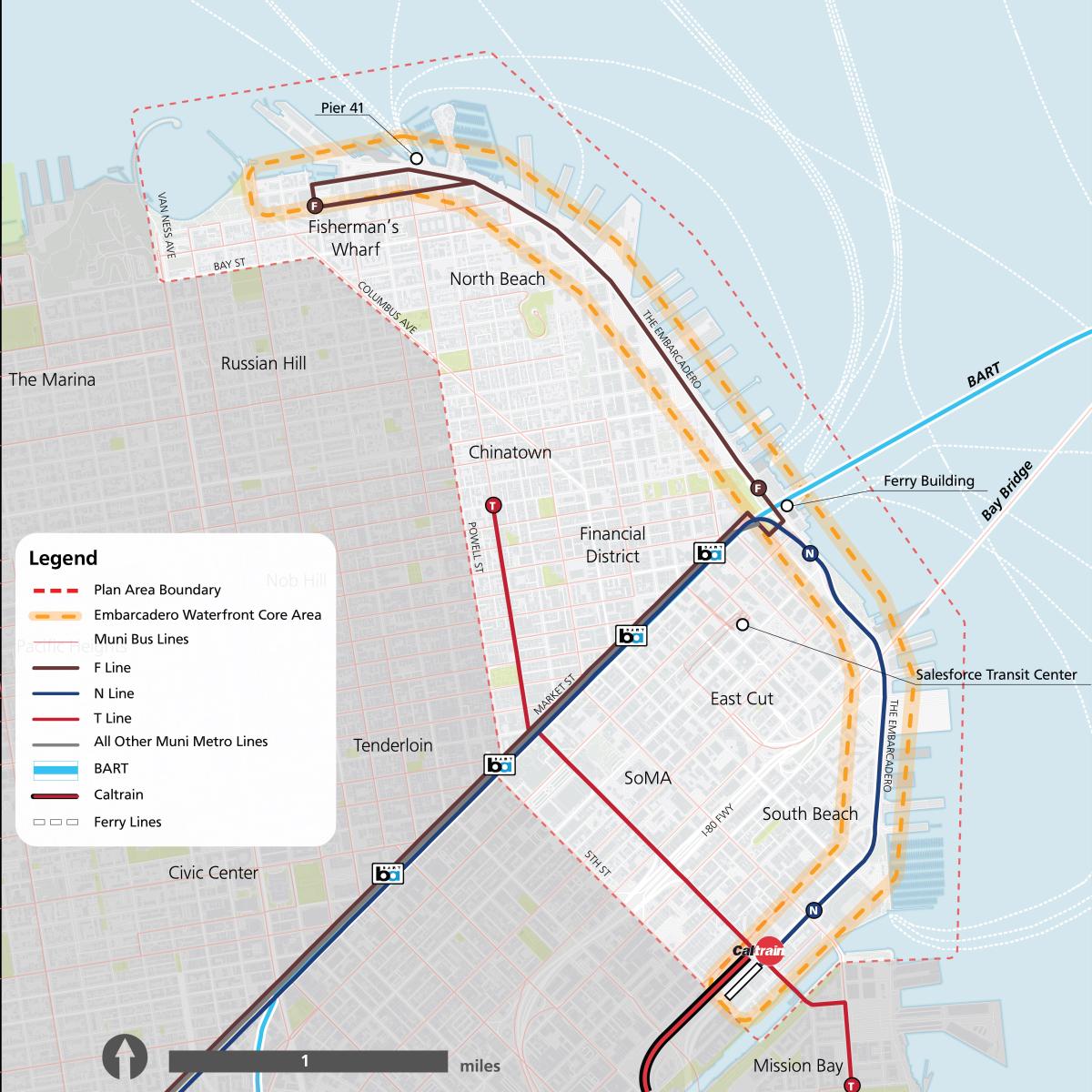 Map of the plan area for the Embarcadero Connectivity Plan. The boundary for the plan area includes the waterfront and is bounded on the western side by Van Ness Avenue, Bay Street, Columbus Avenue, Powell Street, 5th Street, and Mission Creek. There is a focus area highlighted along the Embarcadero corridor from Aquatic Park to Mission Creek. 