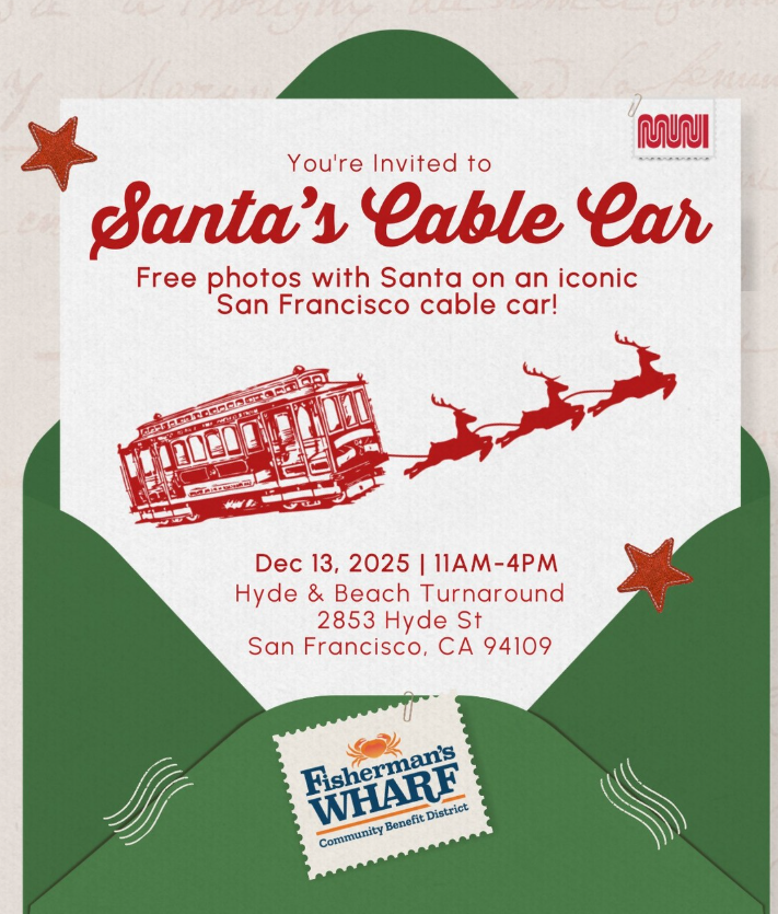 Santa's Cable Car event poster: December 13, 2025 between 11am-4pm at Hyde & Beach Turnaround