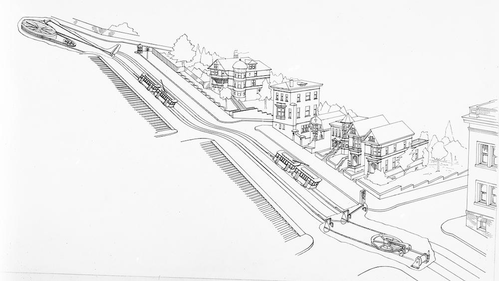 A drawing showing the Fillmore Hill Counterbalance mechanism of cables and pulleys. Illustration shows Broadway through Green streets.