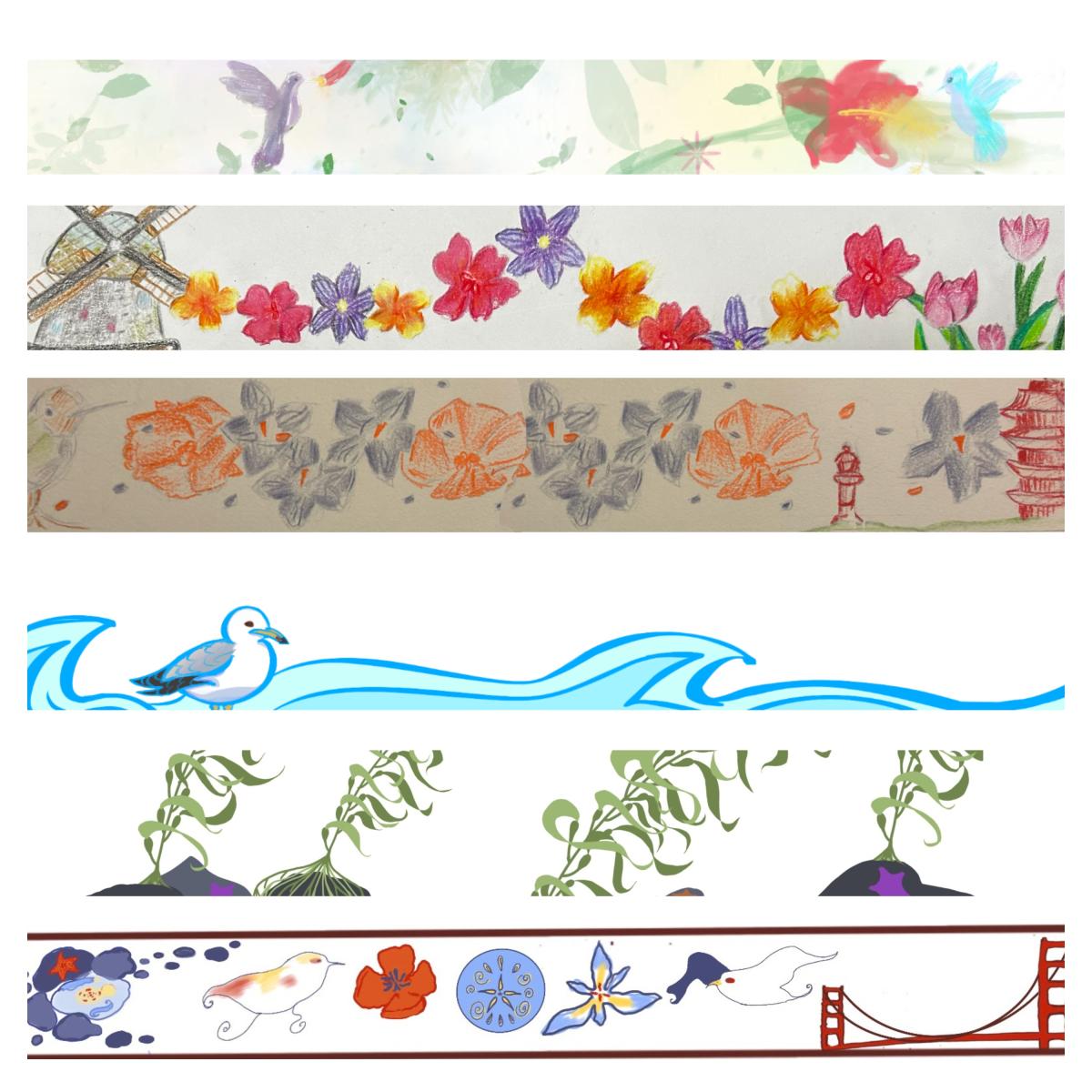 Images of student artwork coming to Geary bus stop. Shows six colorful designs depicting nature and local landmarks.