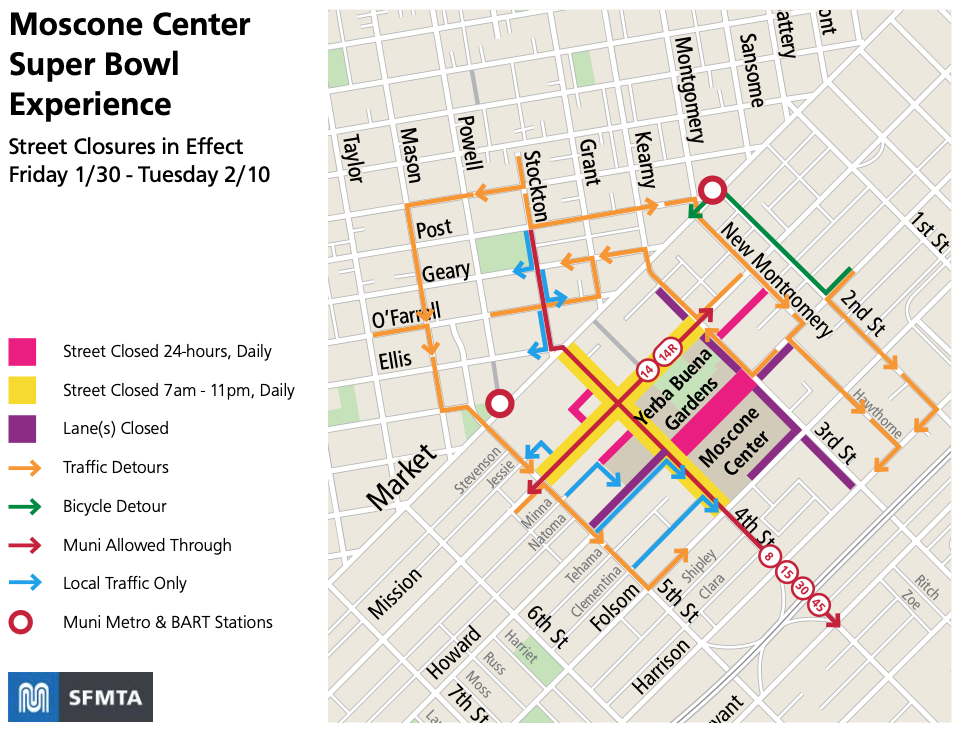 Daytime Map of street closures & traffic detours in SoMa during Super Bowl Experience events