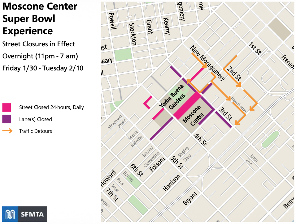 Map showing 24/7 street closures during Super Bowl experience events in SoMa