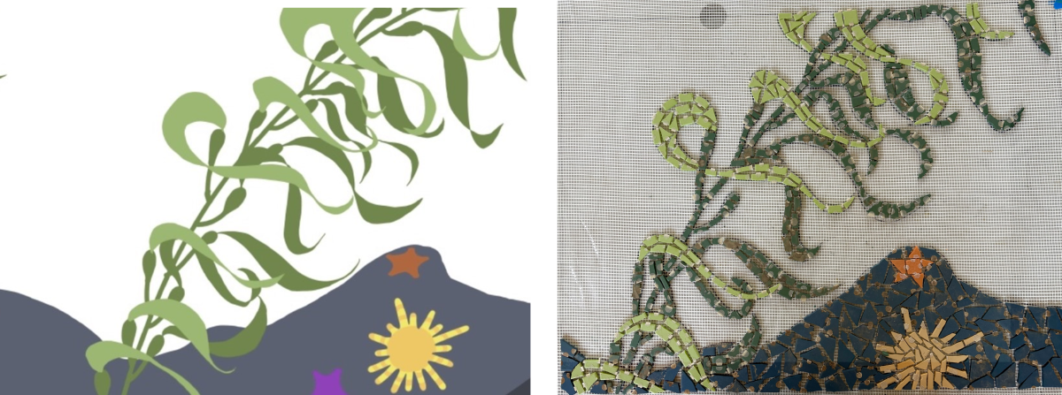 Mockup of student artwork coming to a Geary bus stop. Shows a green plant near a sun.
