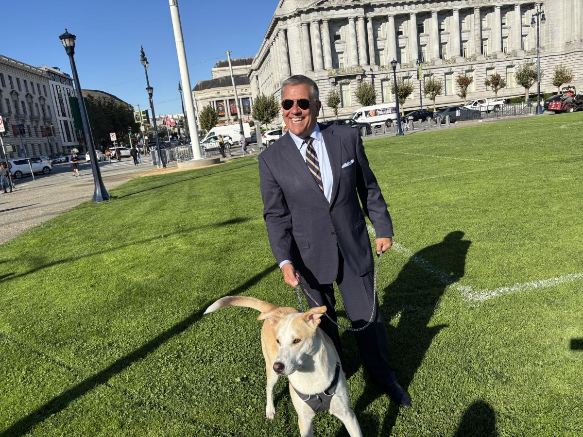 A person and a dog on some grass in front of large buildings.