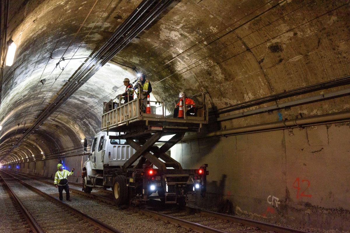 SFMTA crews inspect the Sunset Tunnel during a Fix It! Weekend.