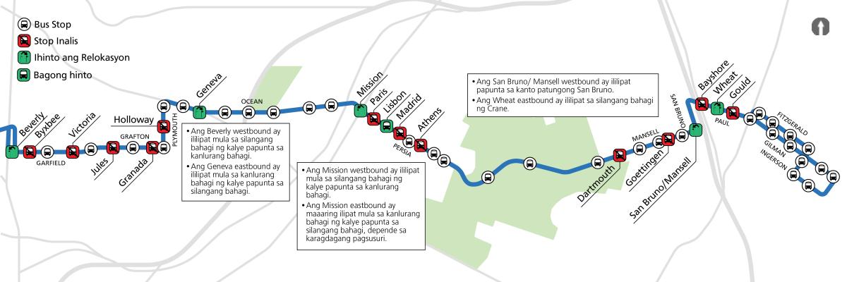 Ang isang mapa ay nagpapakita ng mga iminungkahing pagbabago sa paghinto para sa 29 Sunset. Aalisin ang mga stop sa Garfield St sa Byxbee, Jules at Granada. Ang hintuan sa Plymouth at Holloway ay aalisin. Ang mga hinto sa Persia ay aalisin sa mga kalye ng Paris, Madrid at Athens, ngunit ang paghinto ay idaragdag sa Persia at Lisbon. Aalisin din ang mga stop sa Mansell/Dartmouth, Mansell/Goettingen, Paul/Bayshore, at Paul/Gould.
