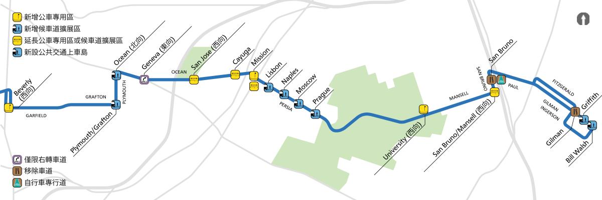 地圖顯示了29路日落線沿線的擬議變更。將在Plymouth/Grafton、Plymouth/Ocean、Persia/Lisbon、Persia/Naples、Persia/Moscow、Persia/Prague、Gilman/Griffith和Gilman/Bill Walsh Way路口增設公車專用道凸出部分。 Ocean/San Jose、Ocean/Cayuga、Mission/Persia、Mansell/University（西行）和San Bruno/Mansell（西行）路口將延長公車專用道或凸出部分。 Garfield/Beverly和Mission/Persia路口將新增一個公車專用道。