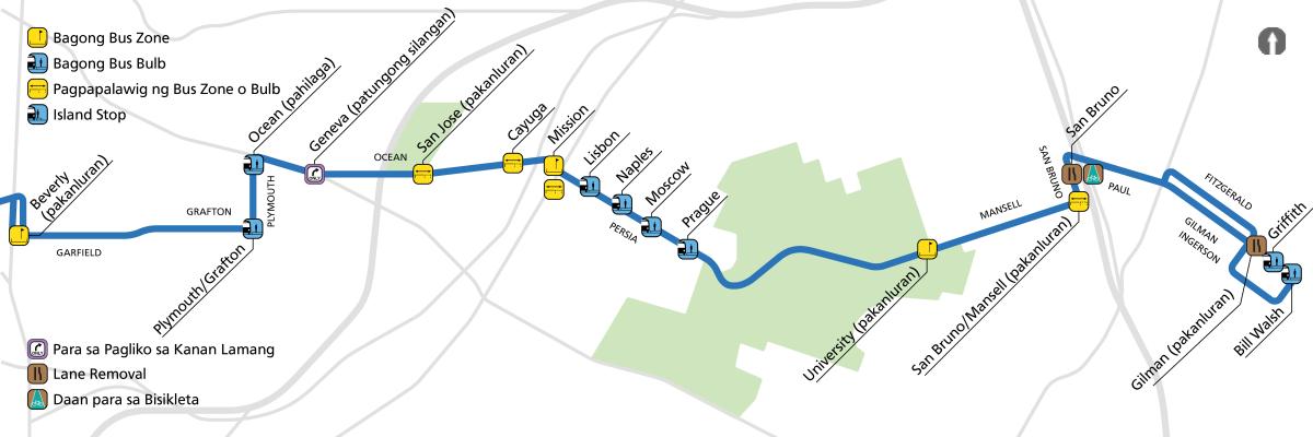 Ipinapakita ng mapa ang mga iminungkahing pagbabago sa ruta ng 29 Sunset. Ang mga bulbout ng bus ay idaragdag sa Plymouth/Grafton, Plymouth/Ocean, Persia/Lisbon, Persia/Naples, Persia/Moscow, Persia/Prague, Gilman/Griffith, at Gilman/Bill Walsh Way. Ang mga zone ng bus o bombilya ay palawigin sa Ocean/San Jose, Ocean/Cayuga, Mission/Persia, Mansell/University westbound at San Bruno/Mansell Westbound. Isang bagong bus zone ang idadagdag sa Garfield/Beverly, at Mission/Persia.