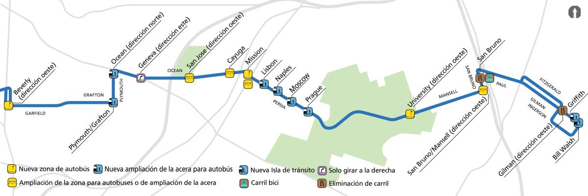 Un mapa muestra los cambios propuestos a lo largo de la ruta 29 Sunset. Se añadirían extensiones para autobuses en Plymouth/Grafton, Plymouth/Ocean, Persia/Lisboa, Persia/Nápoles, Persia/Moscú, Persia/Praga, Gilman/Griffith y Gilman/Bill Walsh Way. Se extenderían las zonas o extensiones para autobuses en Ocean/San José, Ocean/Cayuga, Mission/Persia, Mansell/University en dirección oeste y San Bruno/Mansell en dirección oeste. Se añadiría una nueva zona para autobuses en Garfield/Beverly y Mission/Persia.