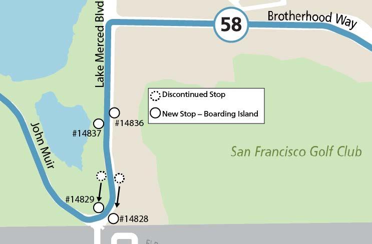 Map showing stop relocations for the 58 Lake Merced