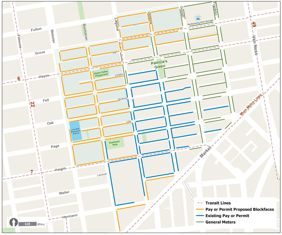 Map of Existing and Potential Pay or Permit Parking Areas in Hayes Valley