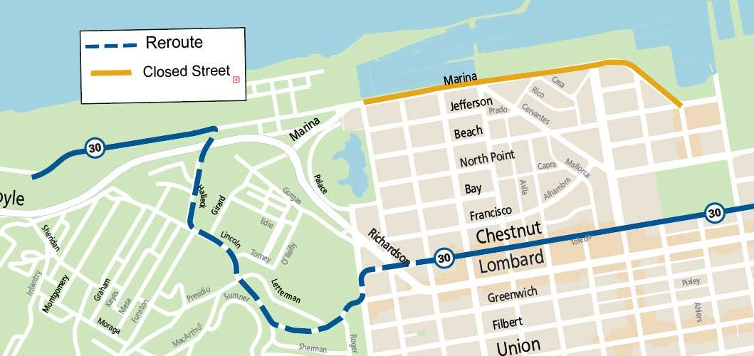 Map of 30 Stockton reroute in The Presidio during Red Bull Showrun event on Feb. 21, 2026