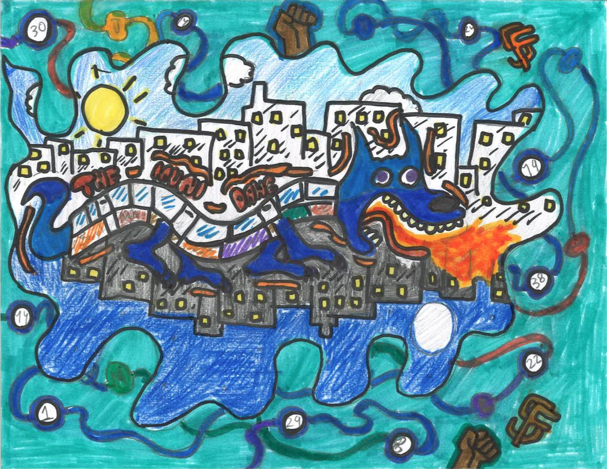 A hand-drawn image of a blue creature with a bus for a body flying through a city.