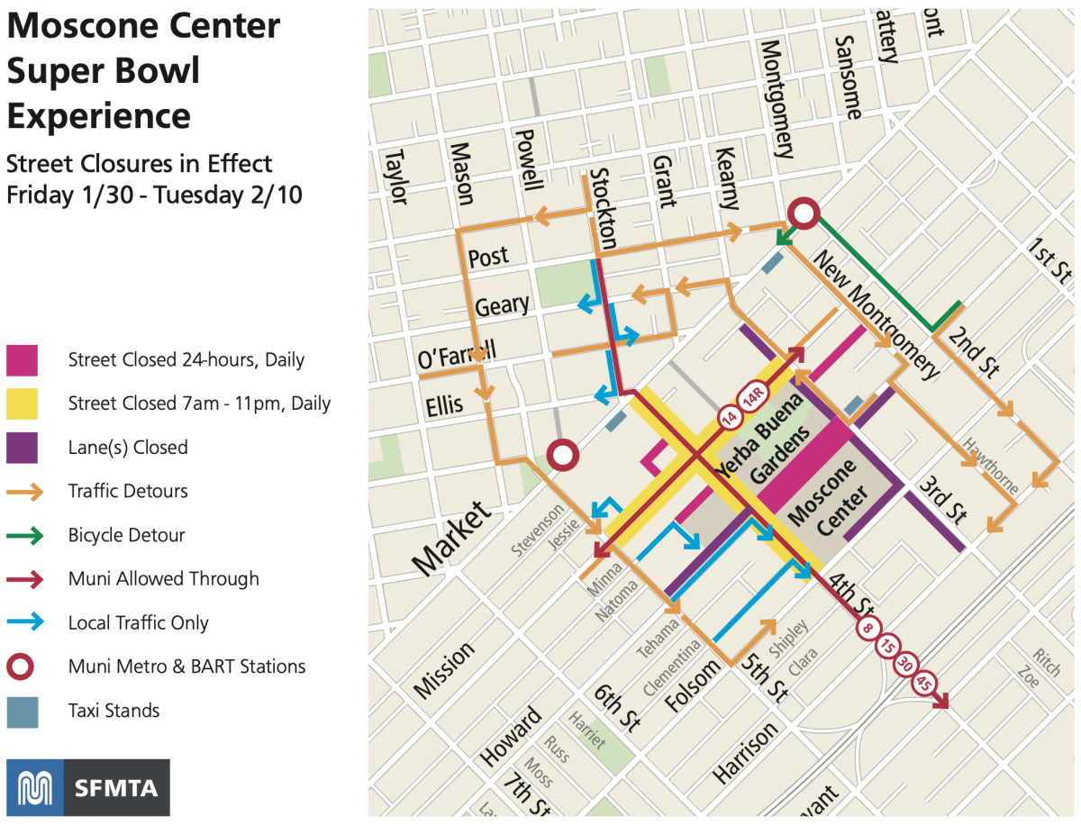 Daytime Map of street closures & traffic detours in SoMa during Super Bowl Experience events