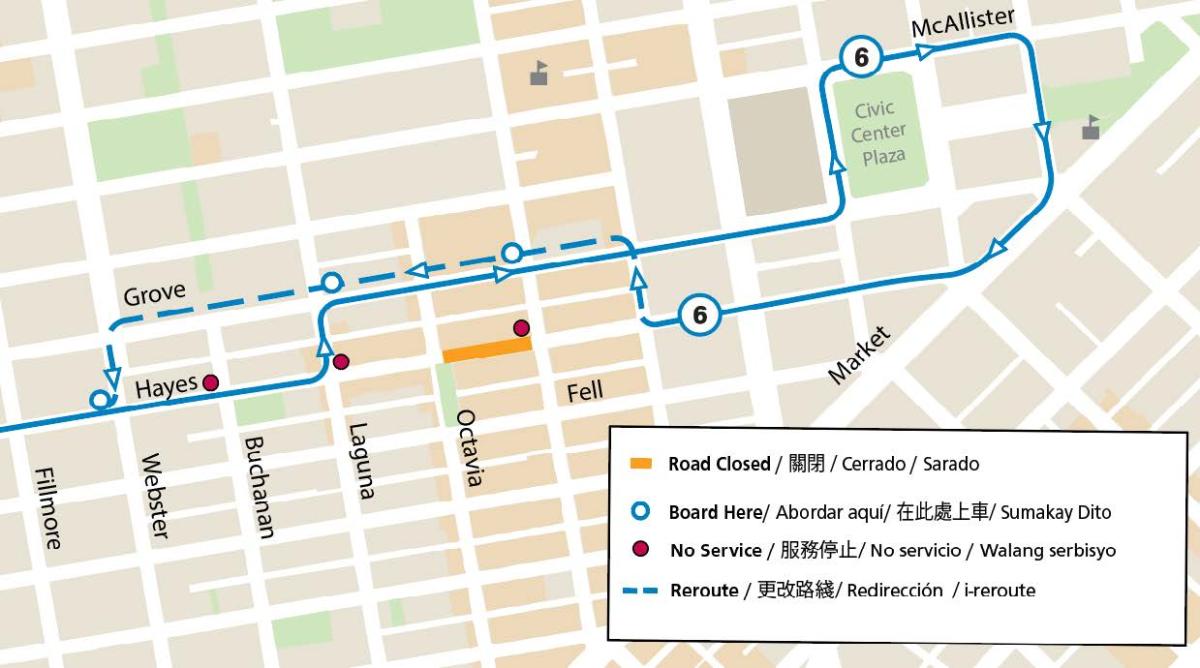 Map showing event location, street closures, and Muni reroute during 2026 Hayes Valley Shared Spaces events