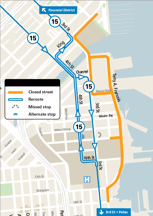 Map showing street closures and reroute of the 15 Express during the Golden State 5K