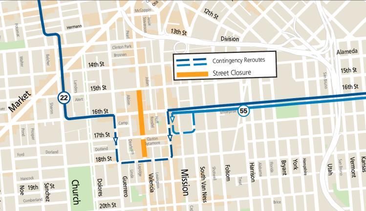 Map showing street closures and Muni reroutes during the American Indian Cultural District celebration on Valencia St.