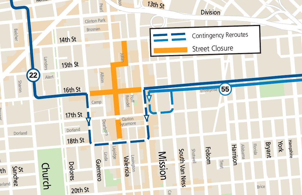 Map showing street closures and Muni reroutes during the American Indian Cultural District celebration on Valencia St.
