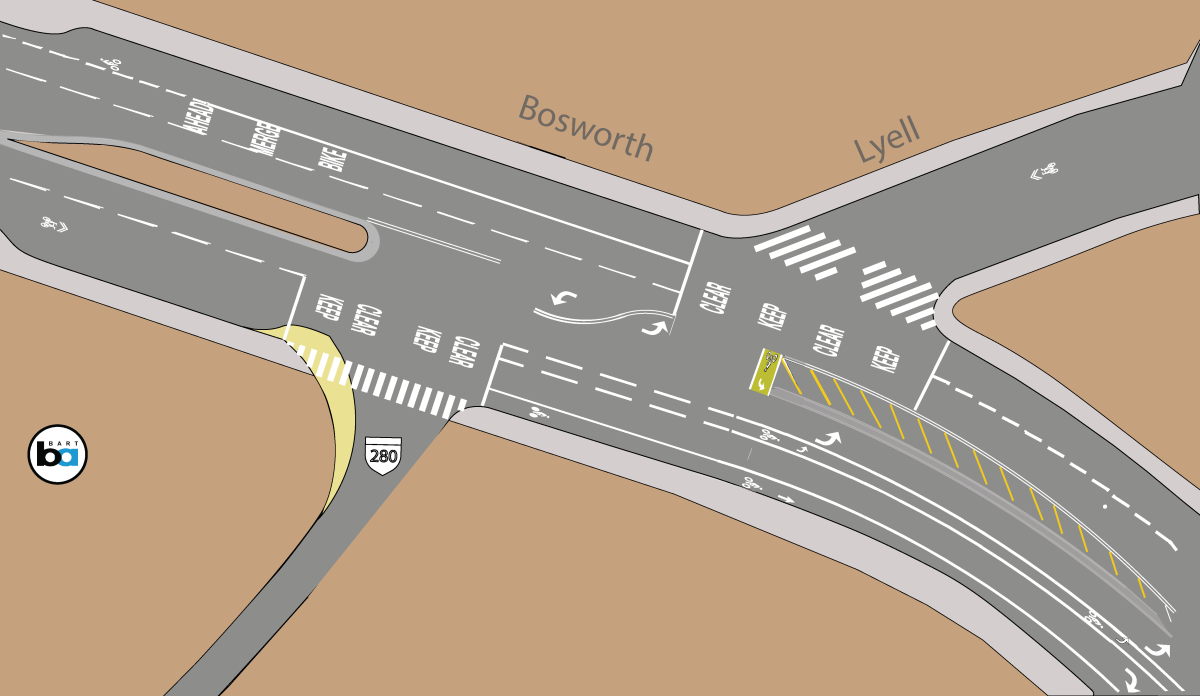 Aerial view illustration of Bosworth and Lyell intersection's current layout.