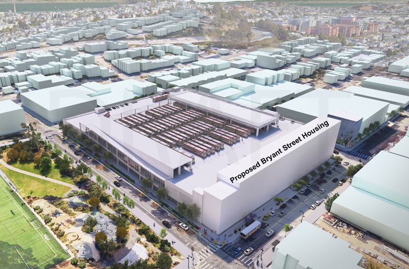 rendering showing a modern urban bus facility with adjacent housing units