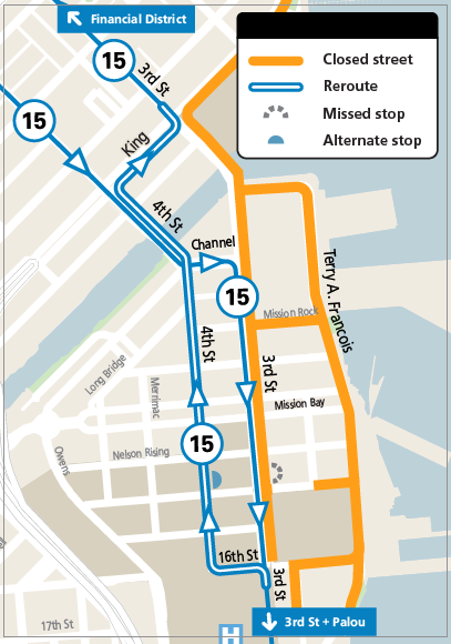 Map showing street closures and reroute of the 15 Express during the Golden State 5K