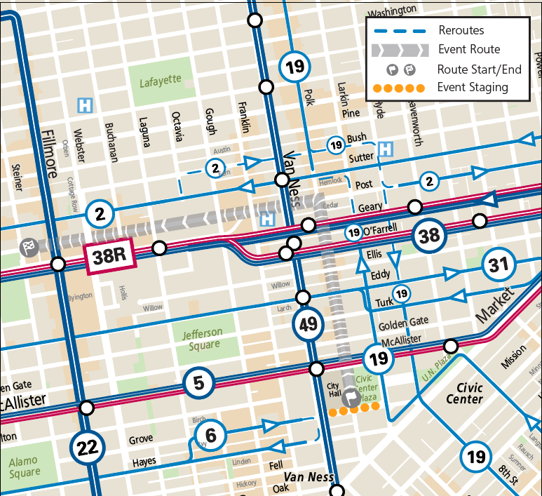 Map showing Muni service reroutes during the annual Cherry Blossom Parade