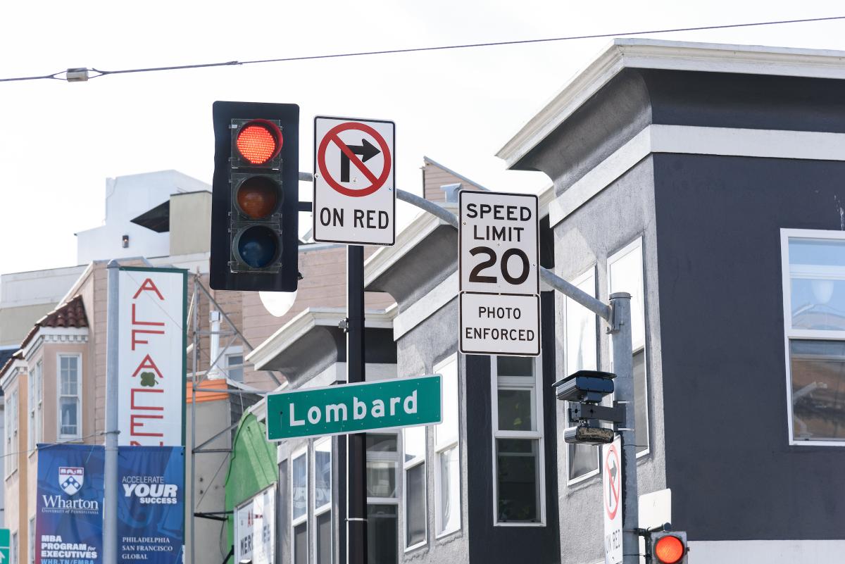 A photo of an automated speed enforcement camera near Columbus Avenue and Lombard Street in San Francisco.