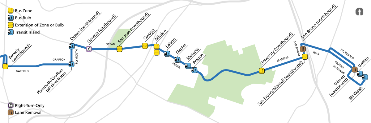A map shows proposed changes along the 29 Sunset route. Bus bulbouts would be added at Plymouth/Grafton, Plymouth/Ocean, Persia/Lisbon, Persia/Naples, Persia/Moscow, Persia/Prague, Gilman/Griffith, and Gilman/Bill Walsh Way. Bus zones or bulbs would be extended at Ocean/San Jose,  Ocean/Cayuga, Mission/Persia, Mansell/University westbound and San Bruno/Mansell Westbound. A new bus zone would be added at Garfield/Beverly, and Mission/Persia.