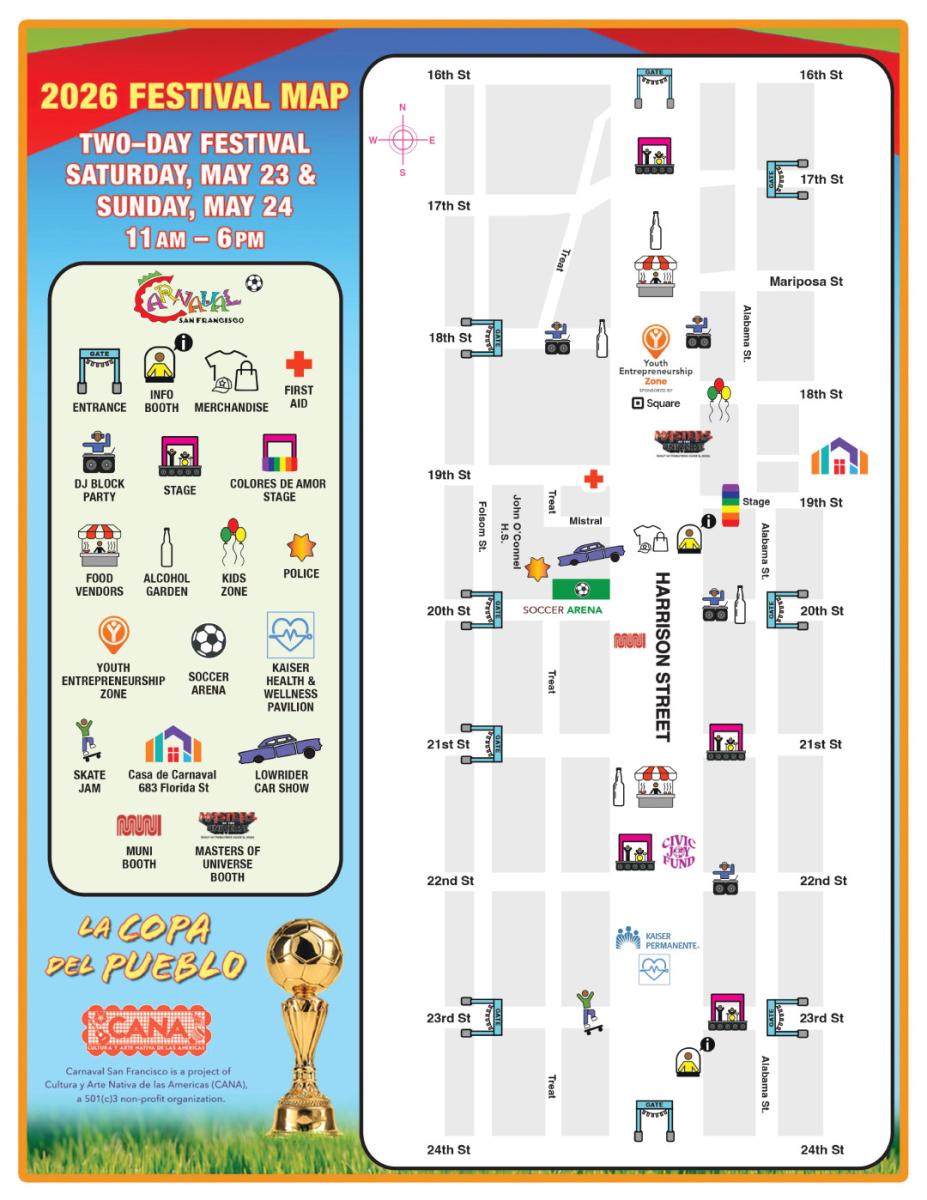 Festival map showing Carnaval San Francisco along Harrison Street from 16th to 24th Streets. The map includes entrances, stages, DJ block parties, food vendors, alcohol gardens, info booths, first aid, kids zone, soccer arena, skate jam, lowrider car show, Kaiser Health Pavilion, Muni booth, and other activity areas placed throughout the route..