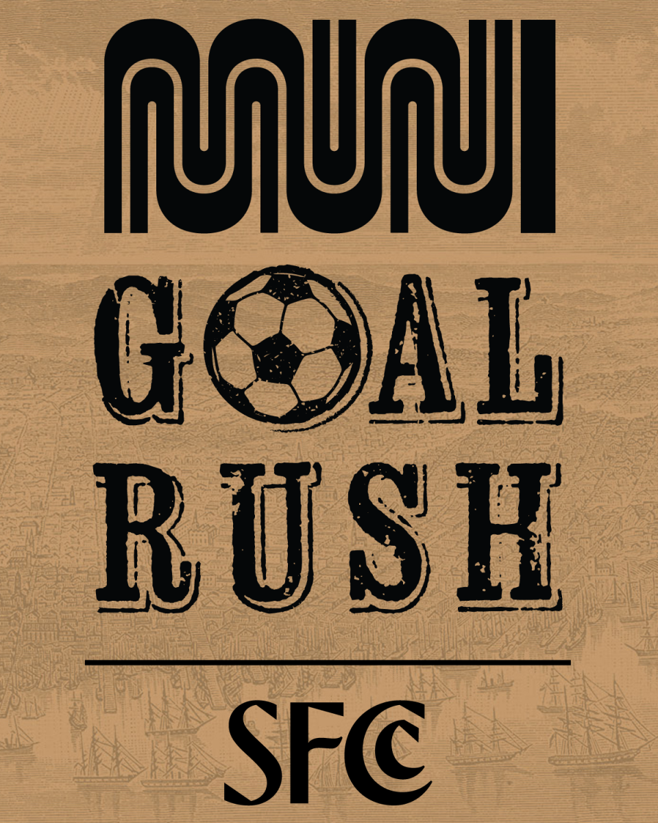 Muni Goal Rush Logo with old timey illustration behind includes Muni "worm" logo and San Francisco Chamber of Commerce logo