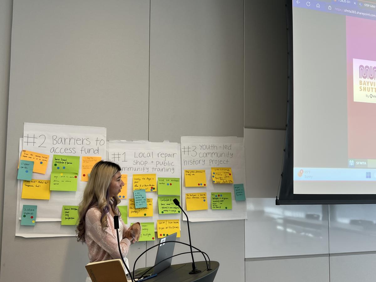 A person at a podium with handwritten signs on a wall.