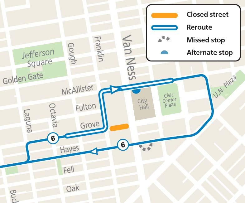 Map of Muni service changes on Friday, June 5 for an SF Symphony event.