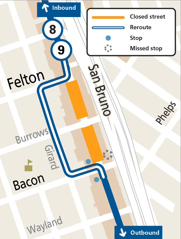 Map of street closure and Muni reroutes during Dim Sum & Cars event on San Bruno Ave.