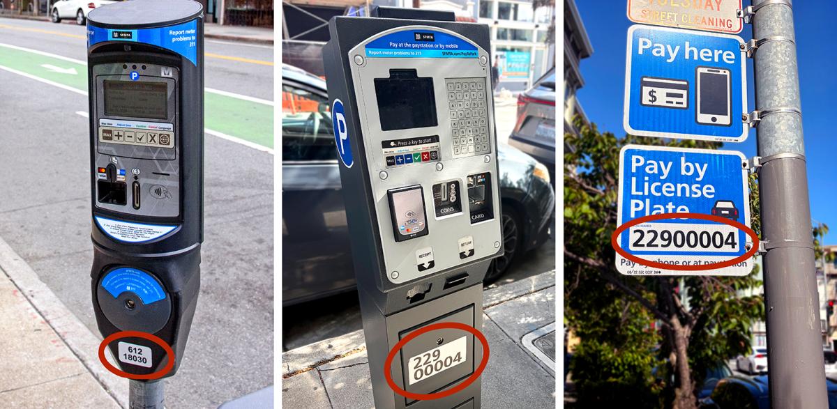 Closeup of three parking meters with red circles that identify where to find the parking location numbers on the meter.