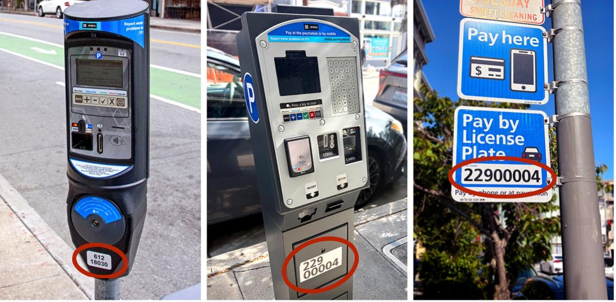 Three photos of parking meters with the location identifier circled to help customers find the number.