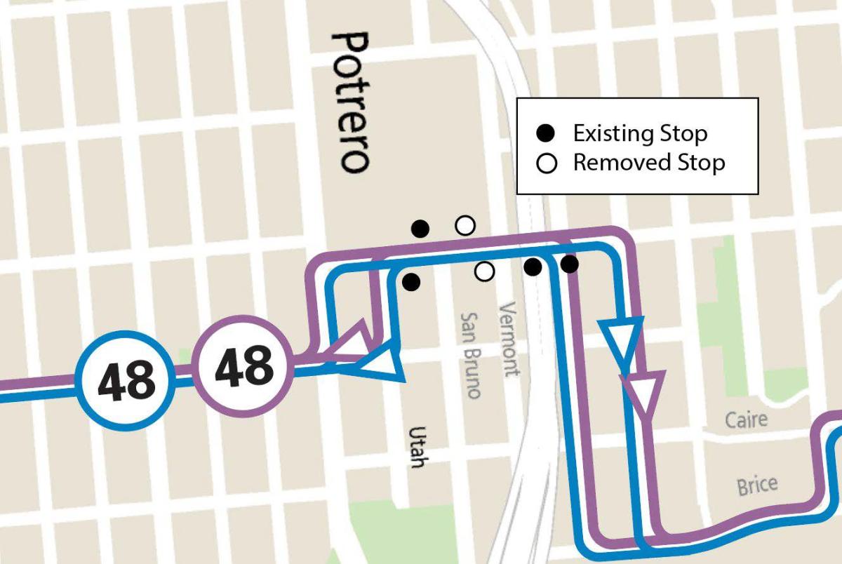Map showing stop removal for the 48 Quintara/24th St. Route at 23rd/Vermont